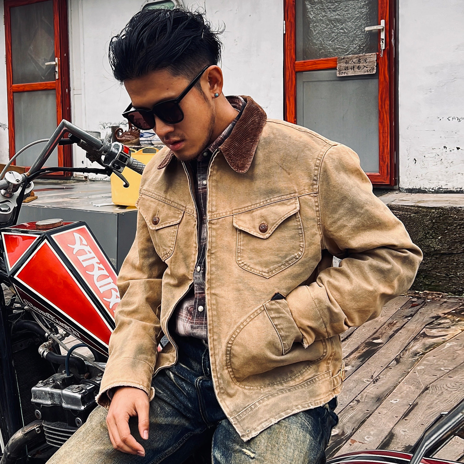 美式复古水洗做旧帆布门多萨西部夹克灯芯绒领经典柯尔特外套布萨