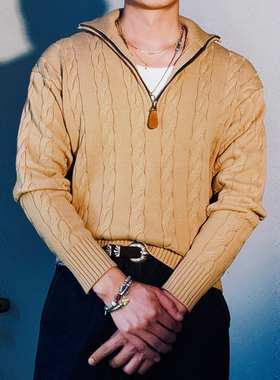 美式复古老钱风半拉链高领毛衣立体绞花重磅加厚立领廓形针织衫