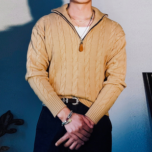 美式复古老钱风半拉链高领毛衣立体绞花重磅加厚立领廓形针织衫