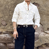 儒雅绅士长袖 独特肌理纯棉经典 衬衣 复古松石色扣西部衬衫 美式