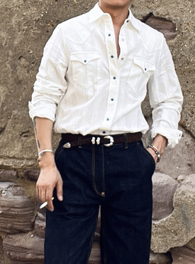 美式复古松石色扣西部衬衫独特肌理纯棉经典儒雅绅士长袖衬衣