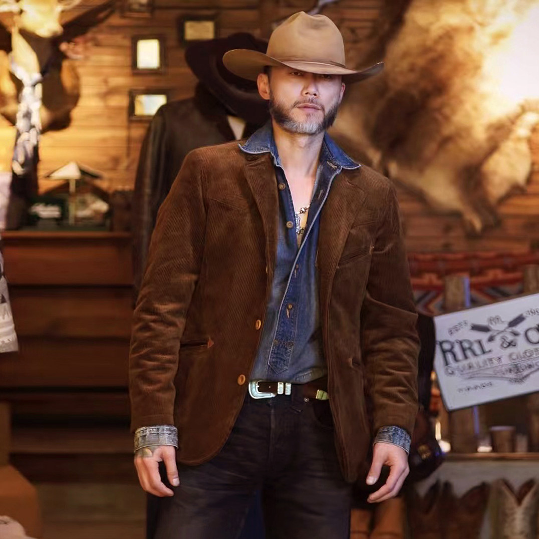 美式复古RL风格水洗旧化重磅灯芯绒西装绅装袋花刺绣复古西服