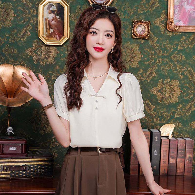 新中式国风盘扣衬衫女士夏季薄款高级感小众别致衬衣宽松雪纺上衣
