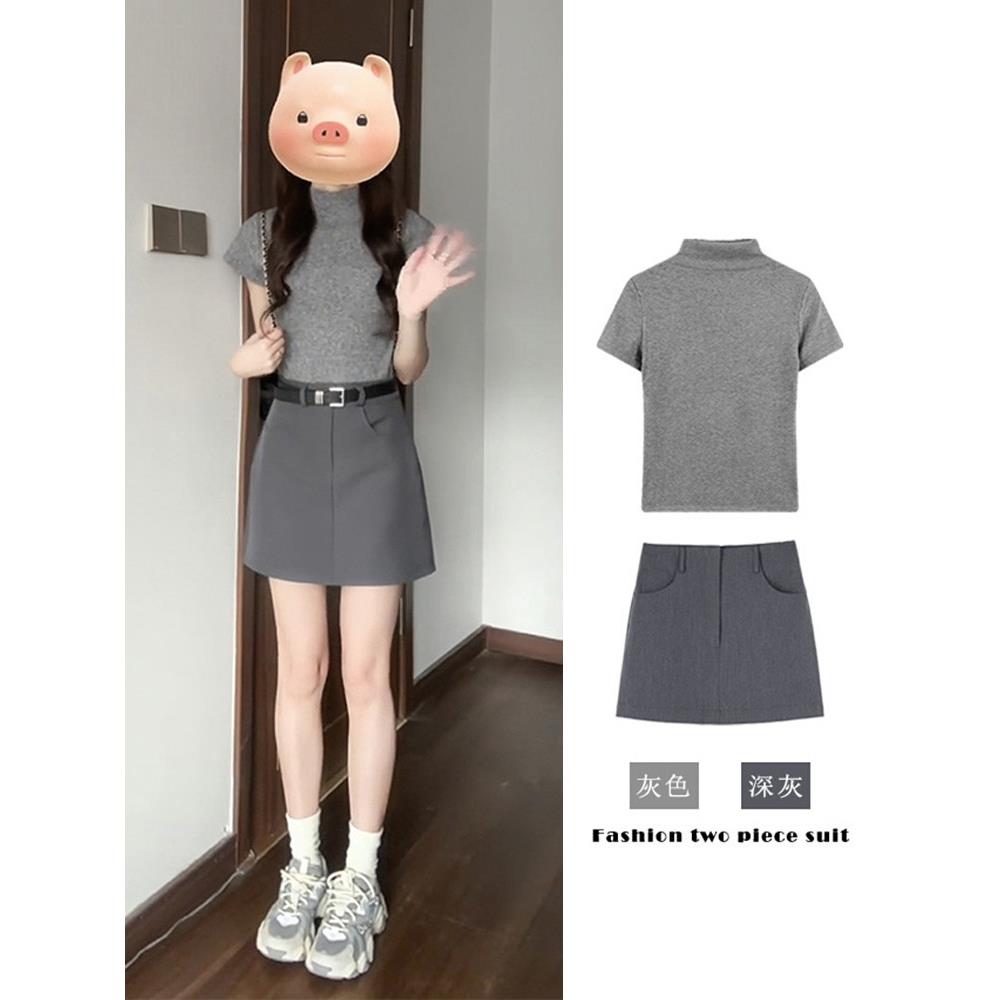 穿搭套装女夏季小个子高级感格雷系短袖T恤灰色短裙chic甜辣裙子