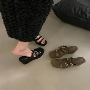 网红气质坡跟松糕凉鞋 夏季 子外穿2025新款 黑色厚底凉拖鞋 女 仙女鞋