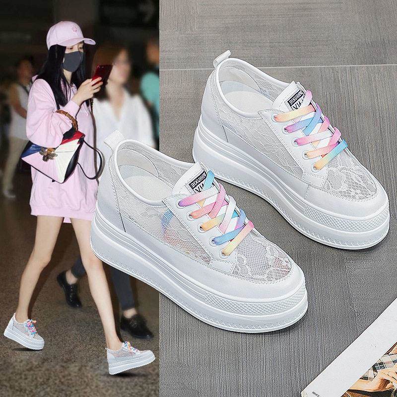 夏天蕾丝镂空小白鞋内增高8CM真皮透气网鞋坡跟凉单鞋女彩带板鞋