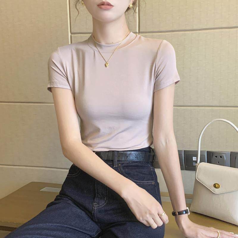 TXKR粉色半高领短袖t恤女夏2024年新款冰丝面膜薄款修身紧身上衣