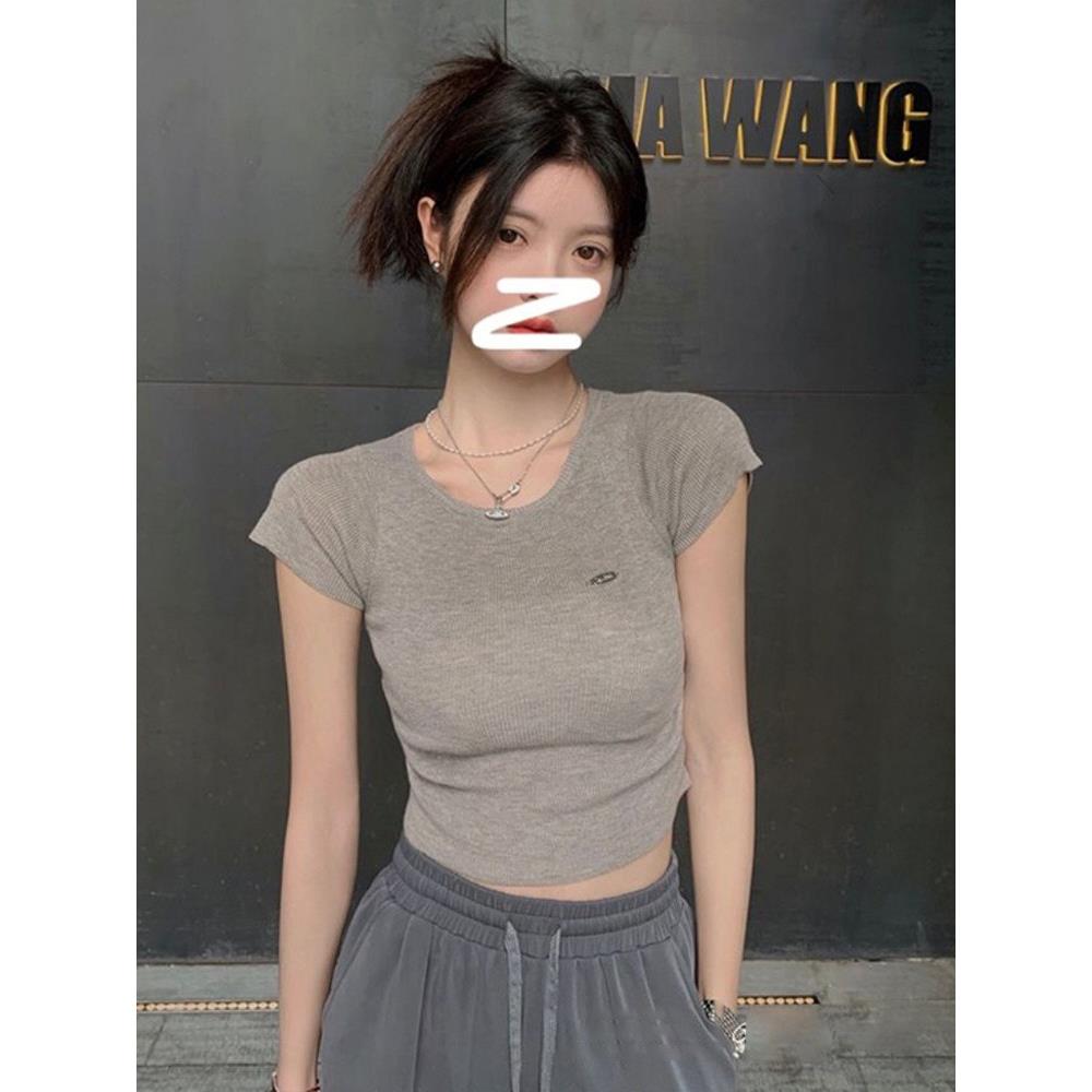 冰丝针织短袖t恤女夏季灰色短款体恤港味纯欲修身甜辣妹chic上衣