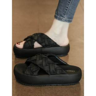 小丸子 厚底一字拖编织凉拖鞋 女2025夏季 外穿踩屎感休闲沙滩凉鞋