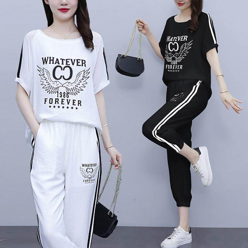 潮牌时尚减龄字母印花T恤+裤子两件套女休闲运动套装胖妹妹夏季潮