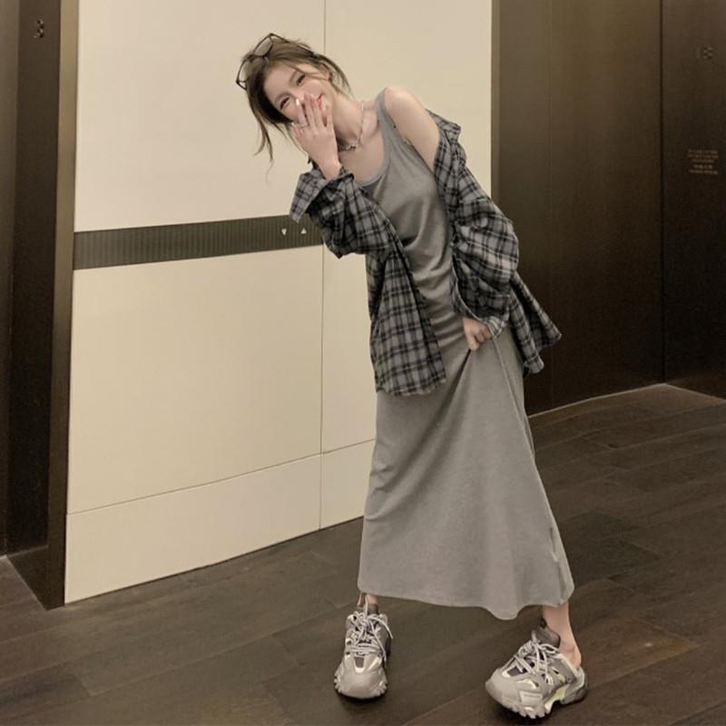 韩国2026夏新款背心裙格子防晒开衫两件套女小个子大尺码胖mm套装