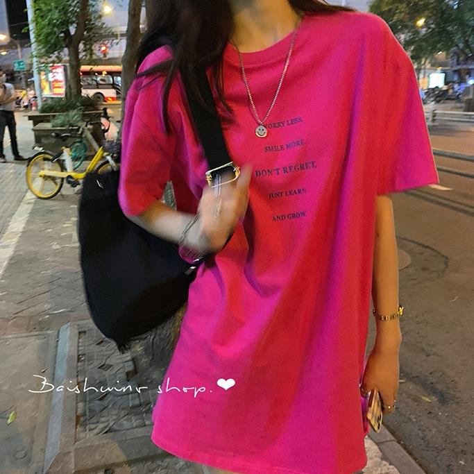 韩国新款夏玫红色短袖t恤女夏宽松中长版半袖T恤ins上衣大尺码轻