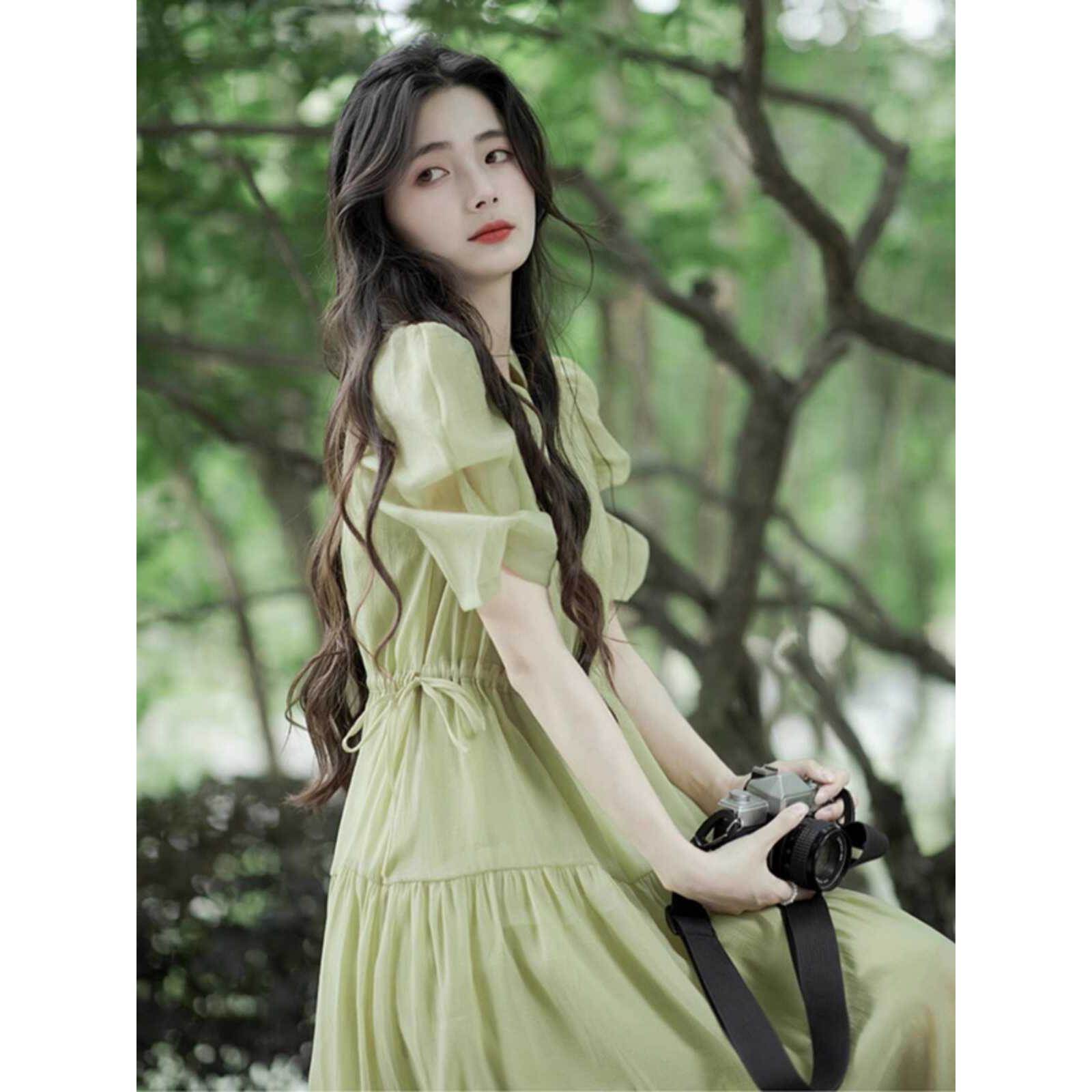 FAshi 泡泡袖绿色洋装女夏超仙森系纯欲法式初恋甜美茶歇长裙子