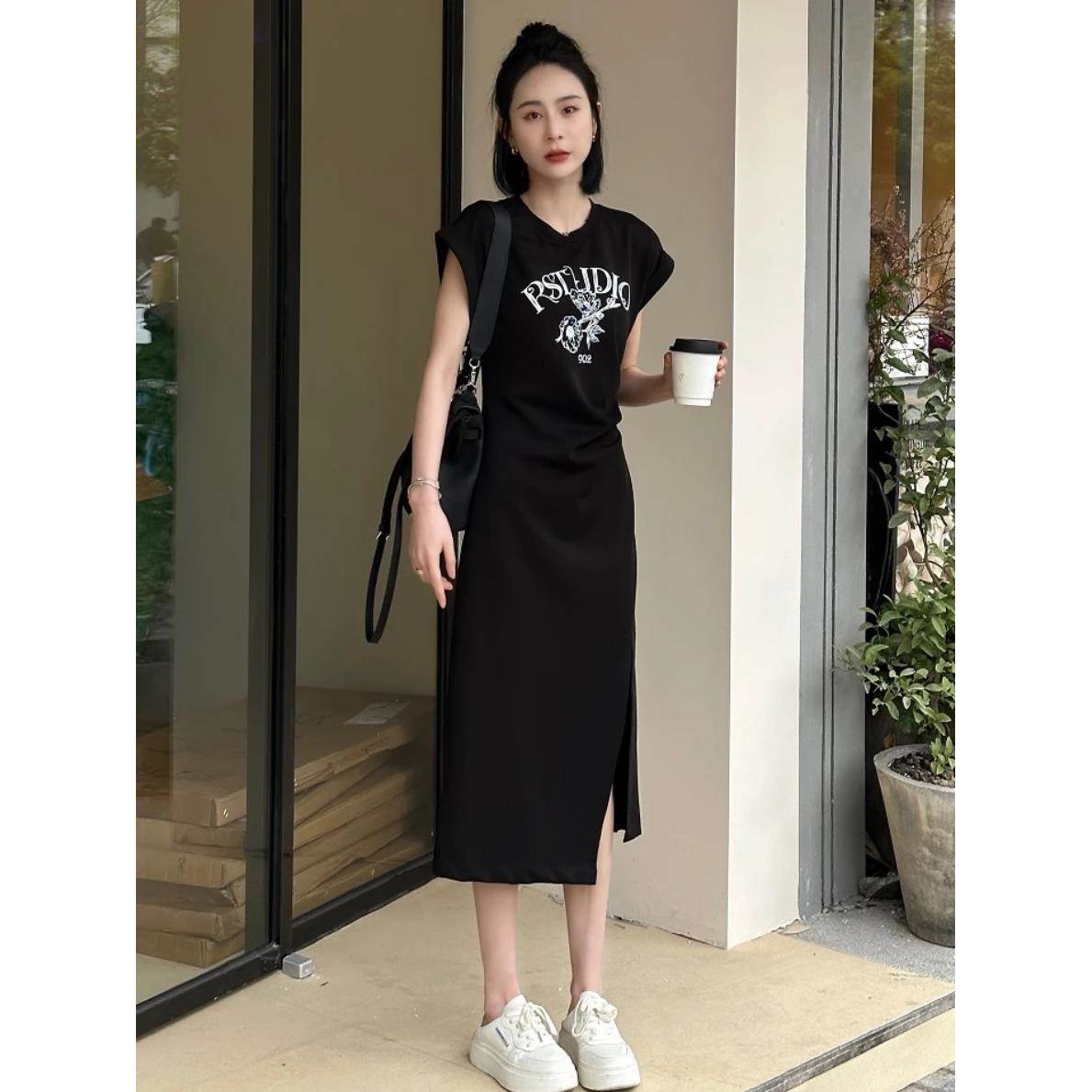 欧货时尚字母印花短袖洋装女夏季不规则显瘦收腰开叉长版T恤裙