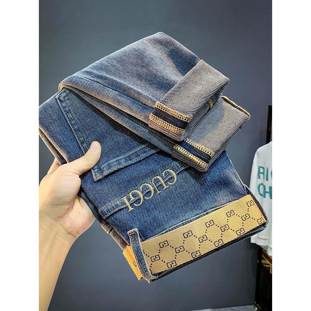 高端潮牌刺绣牛仔裤男2025夏季薄款修身小脚潮流弹力男士休闲裤子