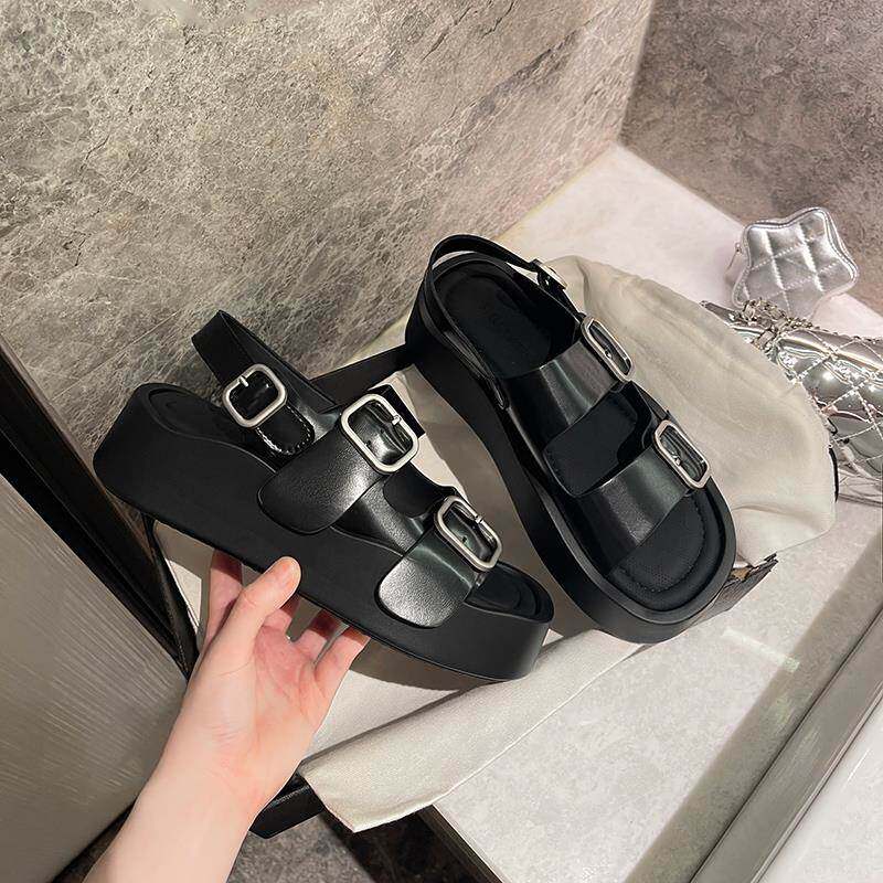传祺女鞋~一字扣带白色罗马凉鞋女夏季外穿2025新款平底厚底增高