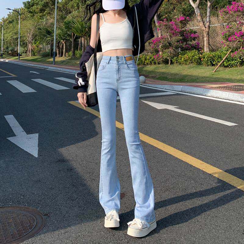 韩国浅蓝色牛仔裤女夏季薄款高腰小个子微喇裤修身显瘦弹力喇叭裤