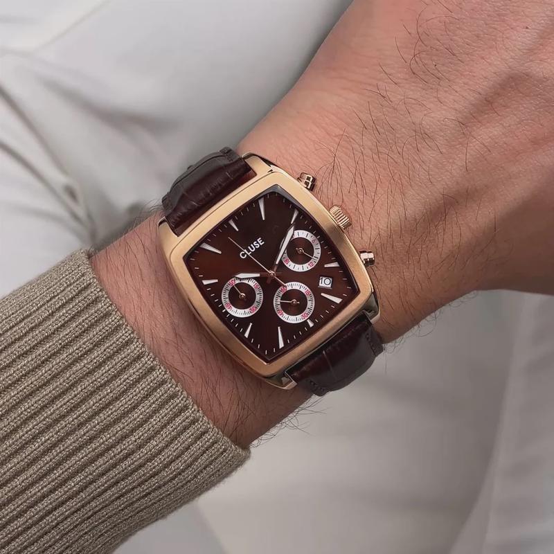 代购CLUSE酒桶形手表 Quartaut Chrono 三眼计时棕色皮带石英男 - 实物图