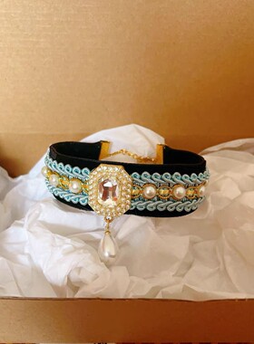 xz【513人收藏】猫咪项圈丝绒宝石宠物珍珠项链拍照饰品阿比