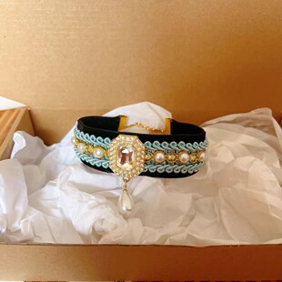 xz【513人收藏】猫咪项圈丝绒宝石宠物珍珠项链拍照饰品阿比