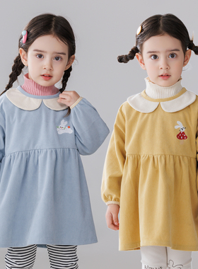 女童灯芯绒罩衣长袖羽绒服防脏护衣外穿按扣宝宝幼儿园吃饭衣秋冬