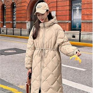 羽绒服女连帽宽松过膝外套厚长袖 冬季 2025年白鸭绒菱形格长款