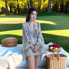 夏季真丝雪纺上衣新款气质薄款显瘦圆领长袖小衫宽松印花百搭显白