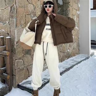 A35棕色短款羽绒服女2025冬新韩系休闲学院风加厚连帽白鸭绒外套