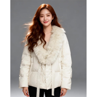狐狸毛领拼接羽绒服女2025年冬季新款韩系加厚宽松白鹅绒外套加厚