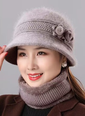 盆帽针织毛线中老年女冬季加绒