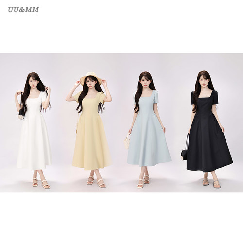 BULE蓝色星球女装夏季2026巨好看法式气质小资连衣裙收腰显瘦长裙