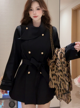 蓝色星球名媛黑色赫本风衣女网红爆款小个子韩系中短款外套连衣裙