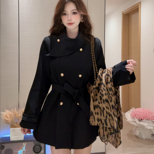 蓝色星球名媛黑色赫本风衣女网红爆款 外套连衣裙 小个子韩系中短款