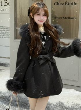 BULE蓝色星球女装冬季2025年圣诞红穿搭甜系少女毛呢外套连帽大衣