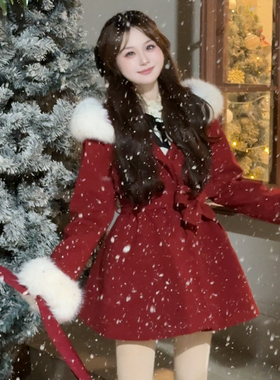 BULE蓝色星球女装冬季2025年圣诞红穿搭甜系少女毛呢外套连帽大衣