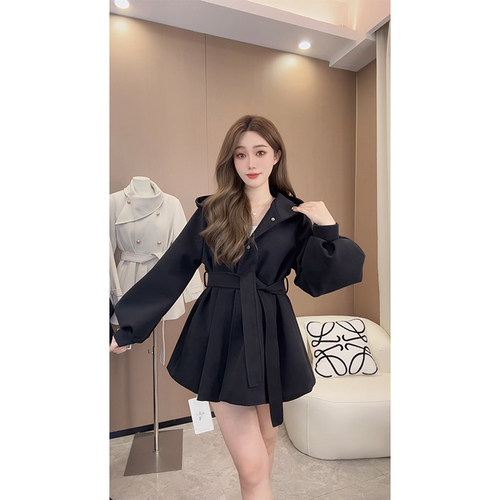 BULE蓝色星球冬季厚款连帽毛呢外套灯笼袖小个子呢子大衣连衣裙女