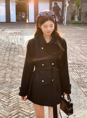 早秋2026年爆款名媛风网红爆款显瘦围脖设计黑色风衣外套女装大衣