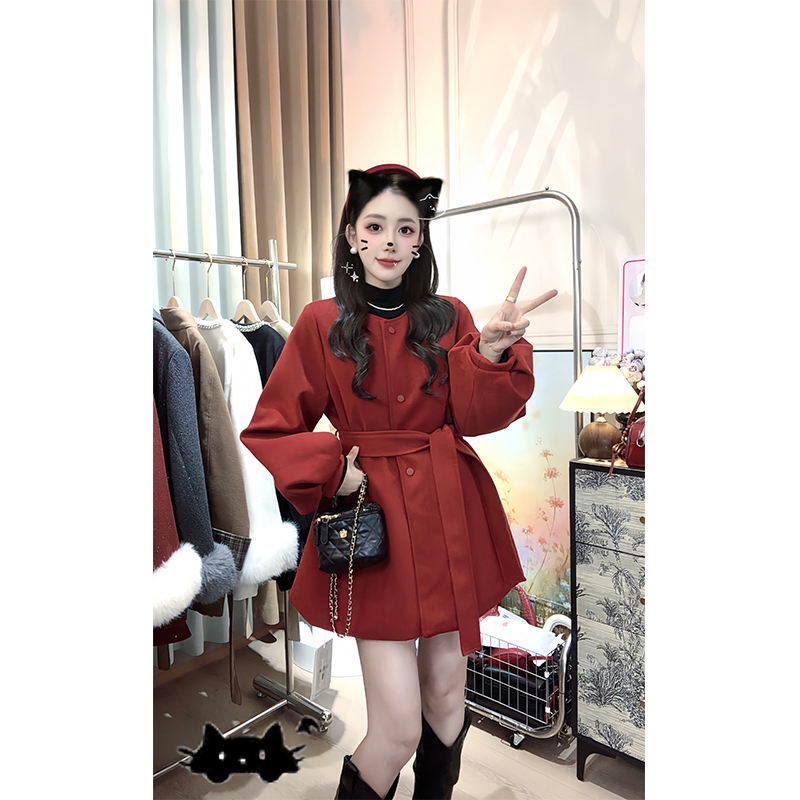 bule蓝色星球冬季圣诞红氛围感厚款夹棉呢子大衣灯笼袖毛呢外套女