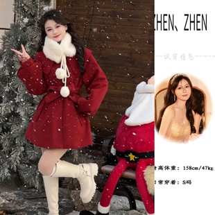 BULE蓝色星球圣诞红色呢子大衣连衣裙冬季 千金女主毛呢外套女 厚款