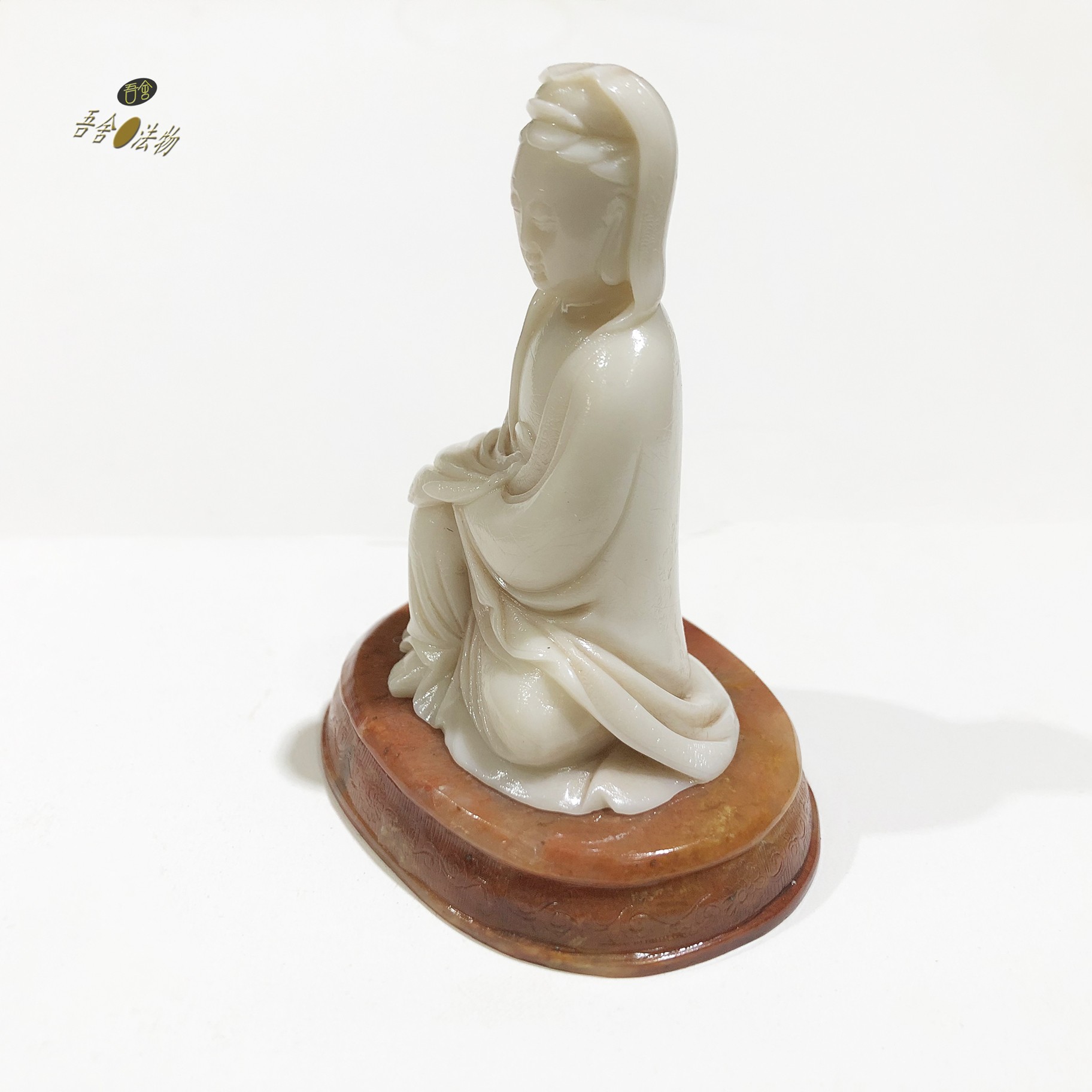 白寿山石摆件观音配底座名家手工雕刻观世音菩萨神像精品收藏品