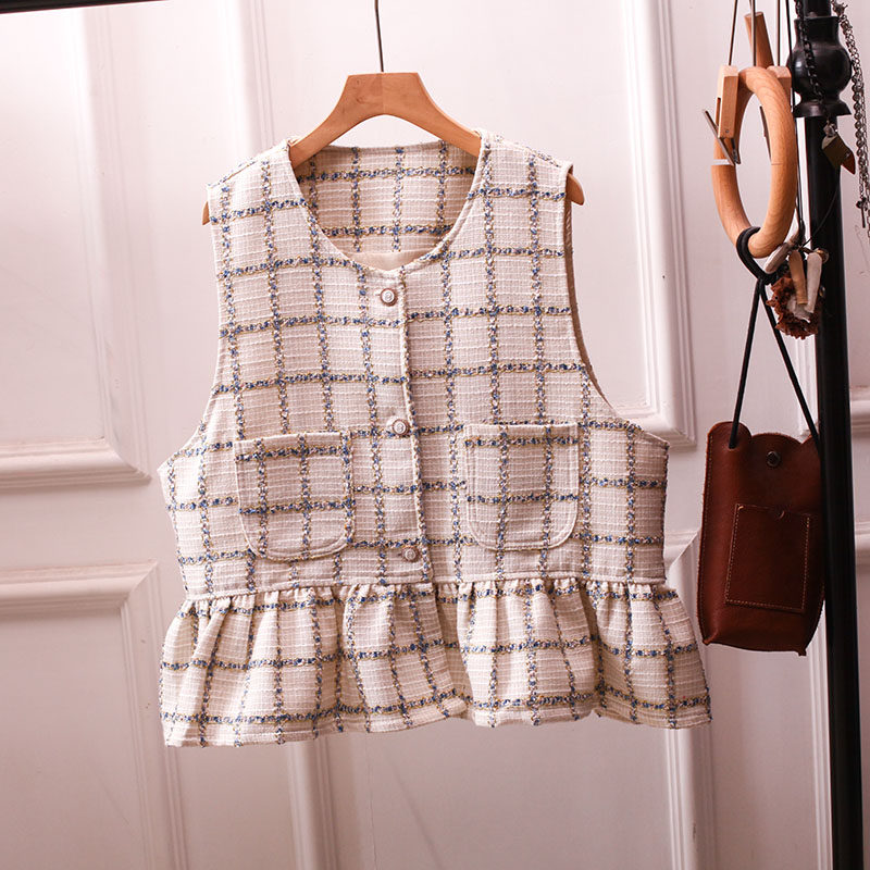 秋冬新中式小香风马甲女口袋圆领单排扣荷叶边百搭减龄坎肩上衣胖