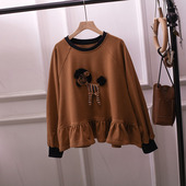 秋冬韩式 可爱风小马刺绣圆领卫衣女咖色宽松套头设计感童趣上衣胖