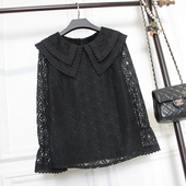 打底衫 春秋新款 大码 双层领蕾丝衫 百搭宽松显瘦黑色娃娃领荷叶袖