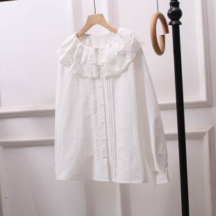 宽松设计感森女系宽松 上衣女大码 日系百搭蕾丝领娃娃衫 内搭白衬衫
