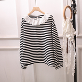 日系文艺百搭条纹长袖 T恤女宽松圆领蕾丝领女减龄休闲上衣打底衫
