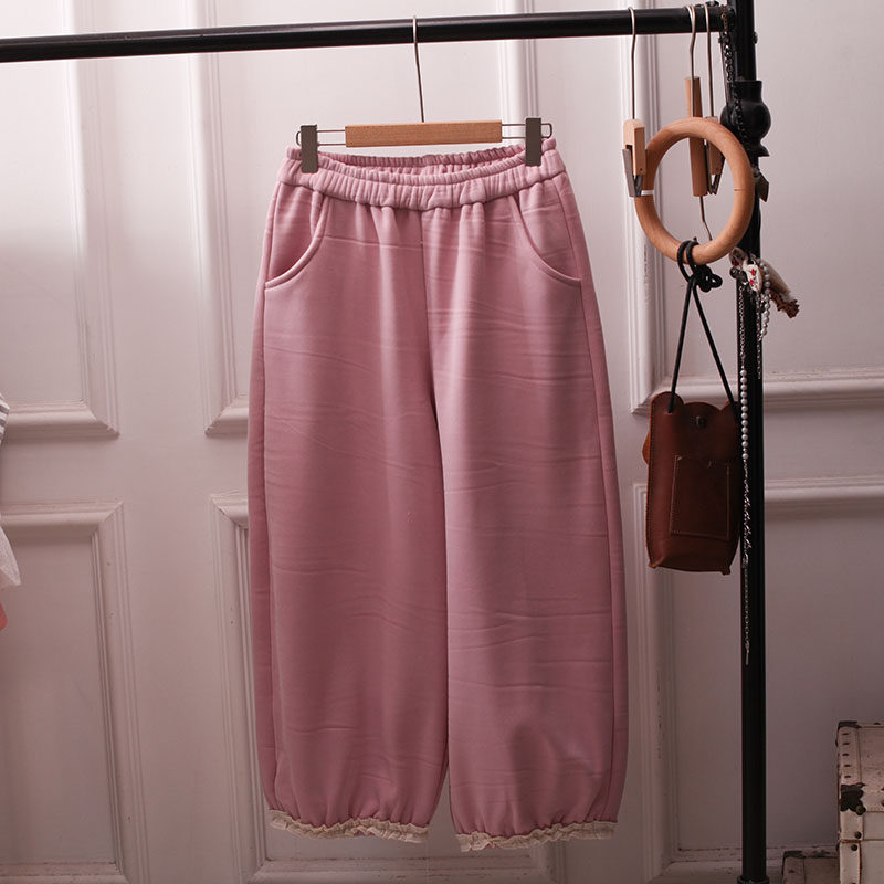 秋冬日系松紧腰加绒花边卫裤女宽松百搭减龄休闲裤粉色大码灯笼裤,女装/女士精品,卫裤,淘宝优惠券,粉丝福利购,淘宝优惠卷