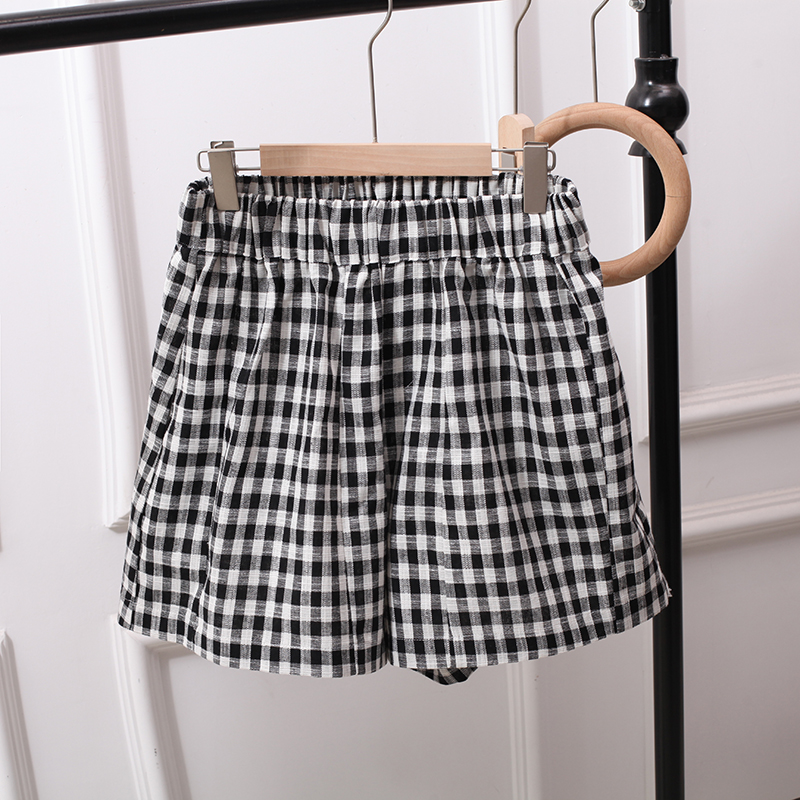 夏季棉麻格子裤短裤女士日系大码宽松松紧腰裤裙休闲裤薄款百搭胖