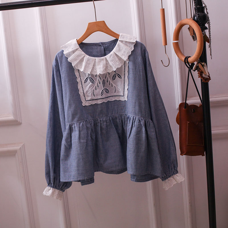 日系复古蕾丝拼接条纹衬衫女长袖花边领娃娃衫宽松百搭减龄上衣胖
