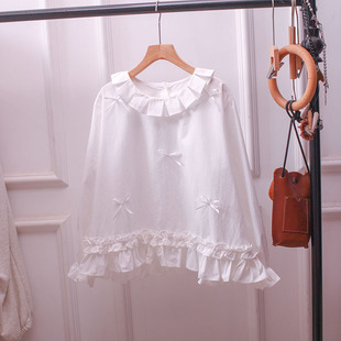 宽松百搭甜美上衣打底 长袖 日系森女风荷叶边花边领白衬衫 女娃娃衫