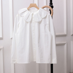宽松文艺设计感森女小清新打底 大码 新款 百搭日系花瓣娃娃领白衬衫